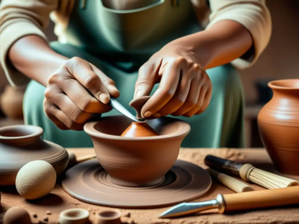 Artesano creando una pieza de cerámica rodeado de herramientas vintage, reflejando la artesanía tradicional