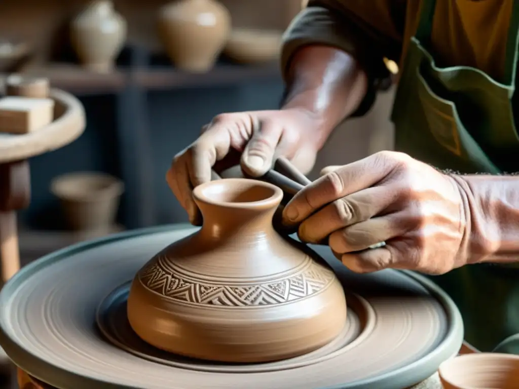 Un artesano crea una pieza de cerámica en un taller rústico, evocando artesanías tradicionales en la era digital