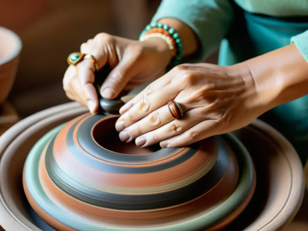 Un artesano crea una pieza de cerámica tradicional a mano con gran detalle