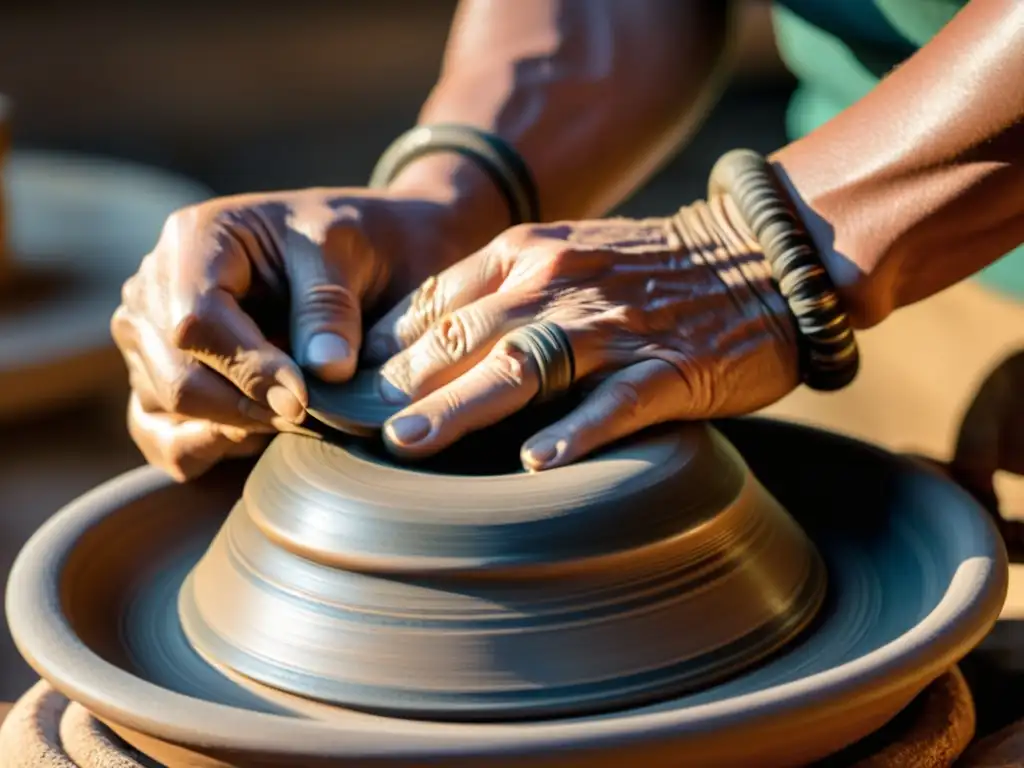 Un artesano crea una pieza de cerámica tradicional con sus manos, evocando el espíritu de la artesanía tradicional y el storytelling genuino