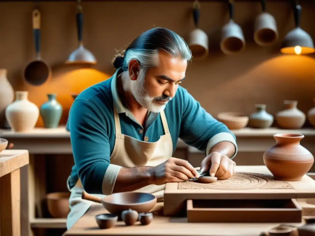 Un artesano crea una pieza de cerámica con diseño tradicional en su taller, donde la tecnología digital preserva técnicas artesanales