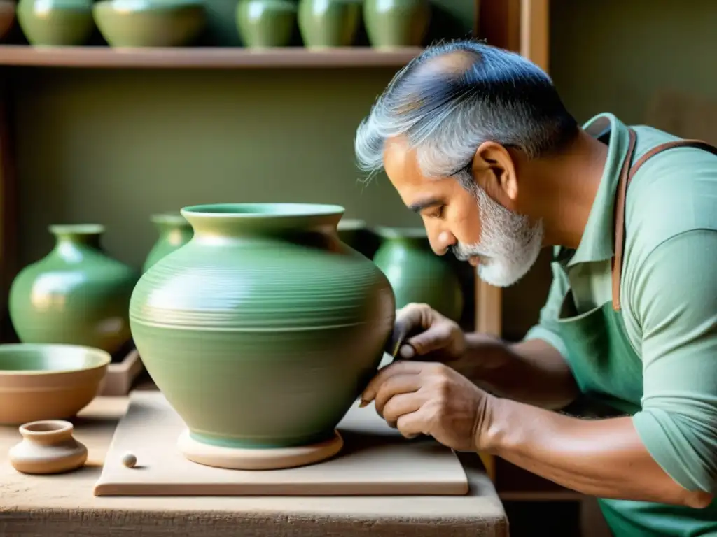 Un artesano crea una pieza de cerámica verde tradicional con destreza, rodeado de materiales naturales, en una atmósfera auténtica y nostálgica