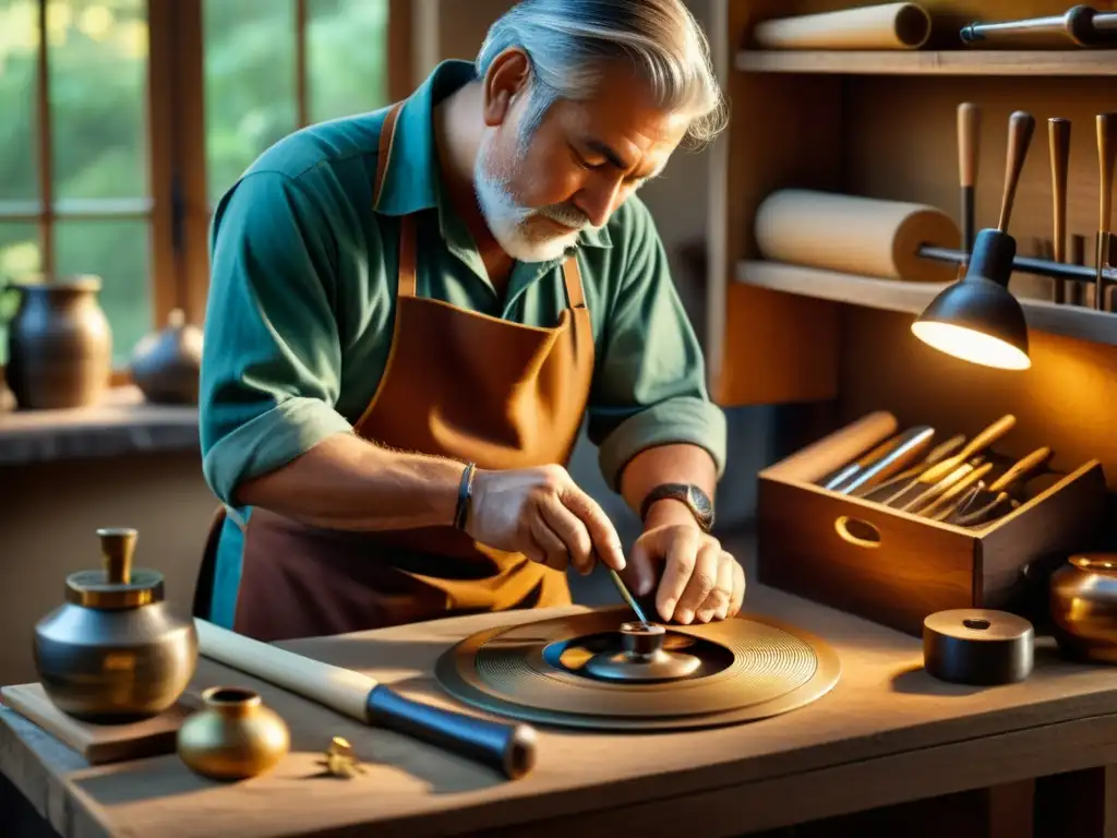 Un artesano hábil crea una pieza intrincada usando métodos tradicionales, rodeado de herramientas y materiales vintage