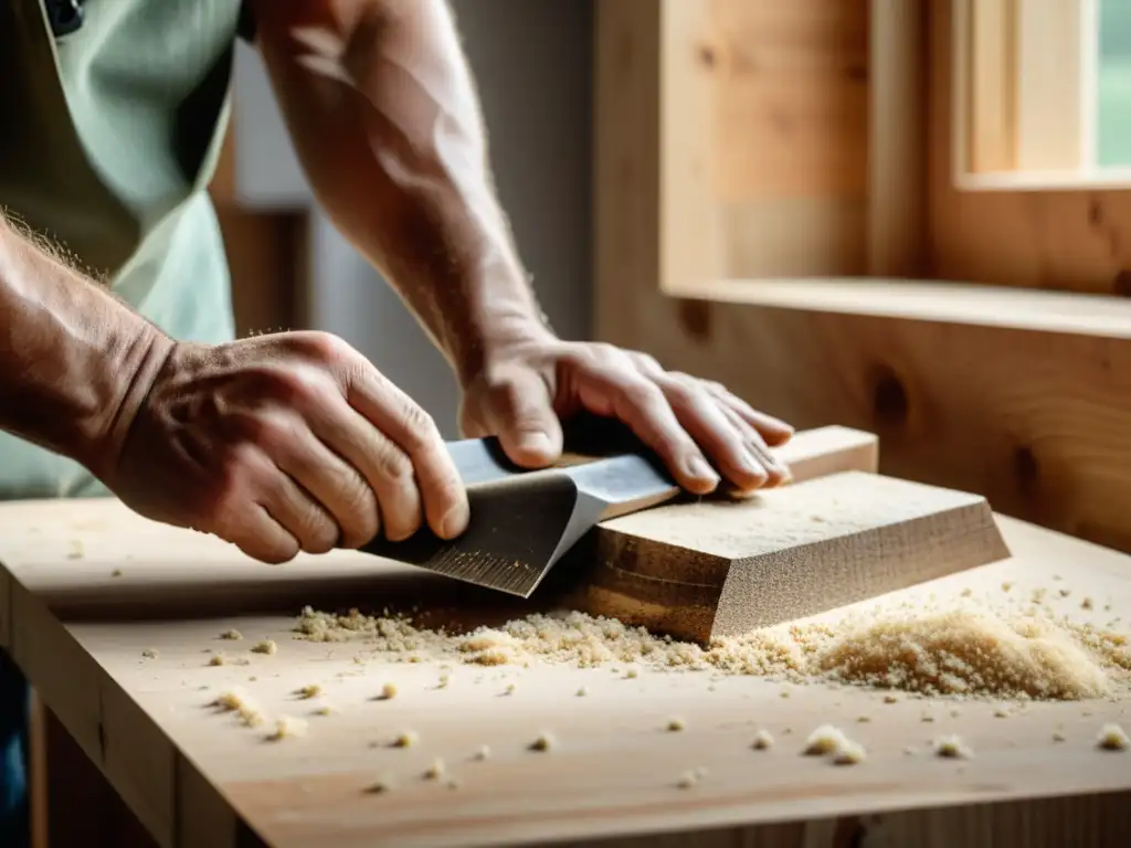 Un artesano cuidadosamente lija una pieza de madera reciclada, destacando la belleza natural del grano