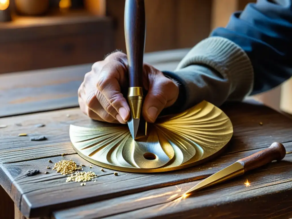 Un artesano modela una pieza de orfebrería tradicional con herramientas y hojas de oro, destacando su destreza y concentración