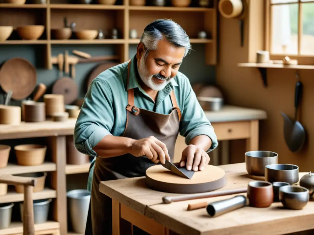 Un artesano hábil crea una pieza tradicional rodeado de herramientas y materiales en un taller cálido y acogedor