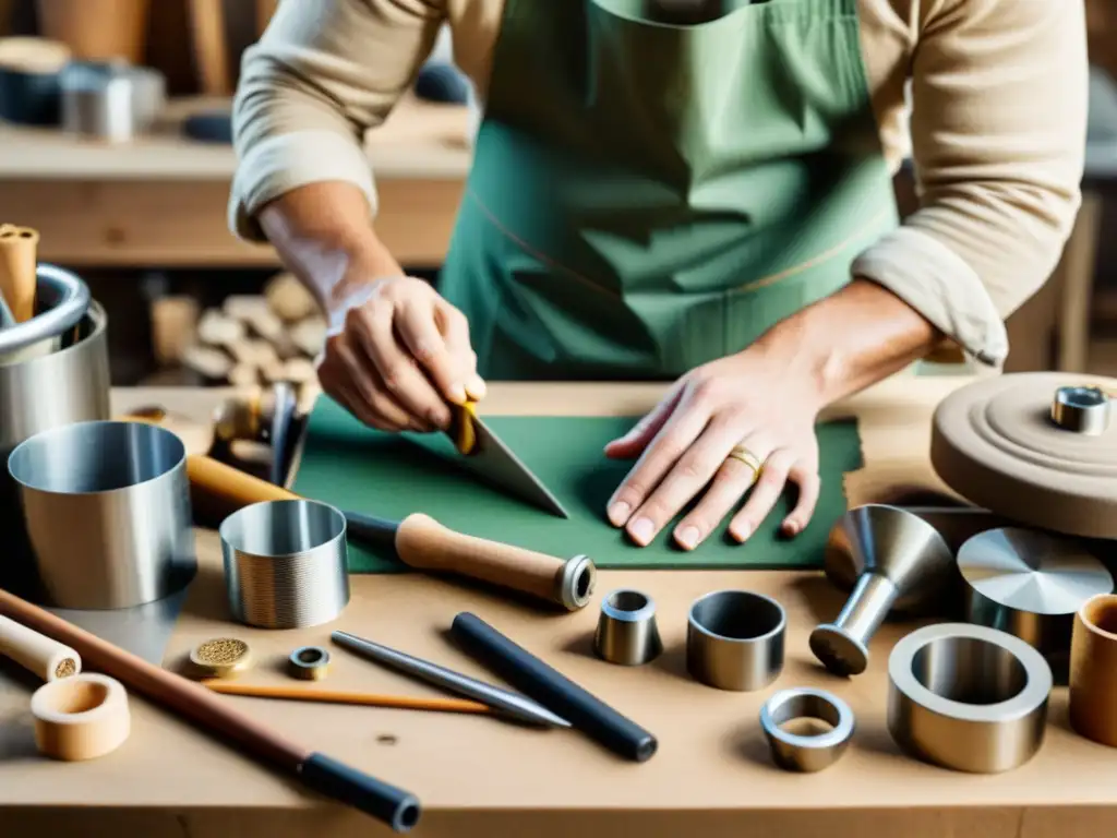 Un artesano crea una pieza única con materiales reciclados, rodeado de herramientas y materiales