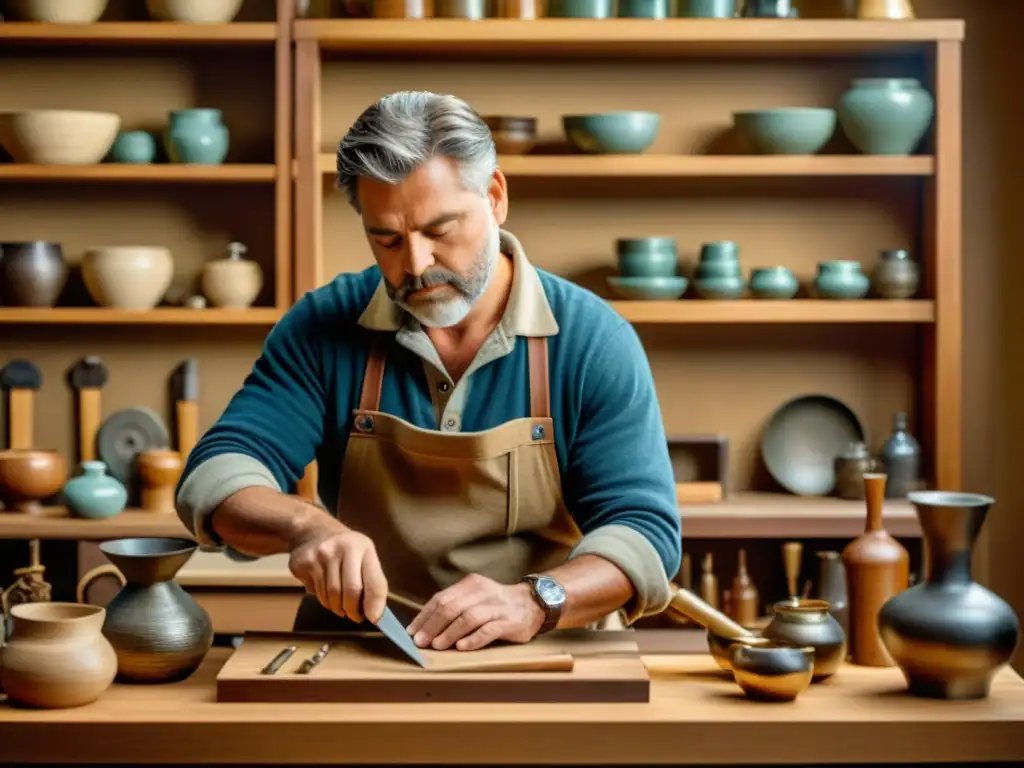 Un artesano crea una pieza única rodeado de herramientas tradicionales