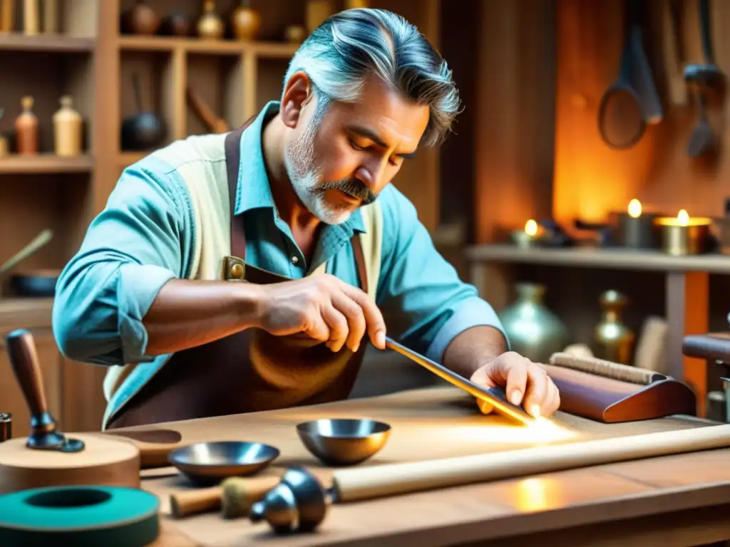 Un artesano crea una pieza única rodeado de materiales coloridos y herramientas tradicionales