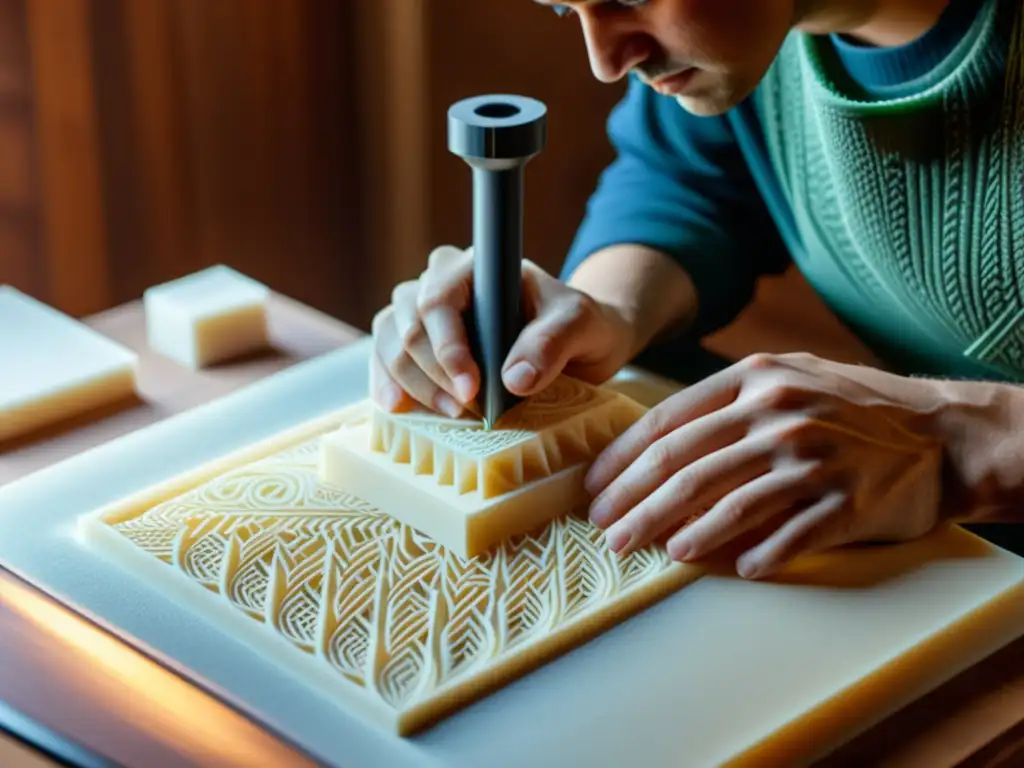 Un artesano crea una pieza vintage con producción artesanal sostenible e impresión 3D, resaltando texturas naturales con luz cálida