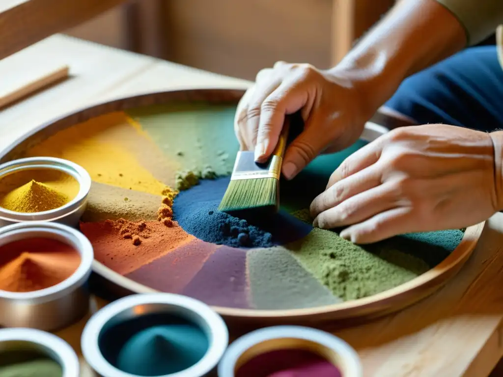 Un artesano mezcla pigmentos con destreza, creando una paleta multicolor