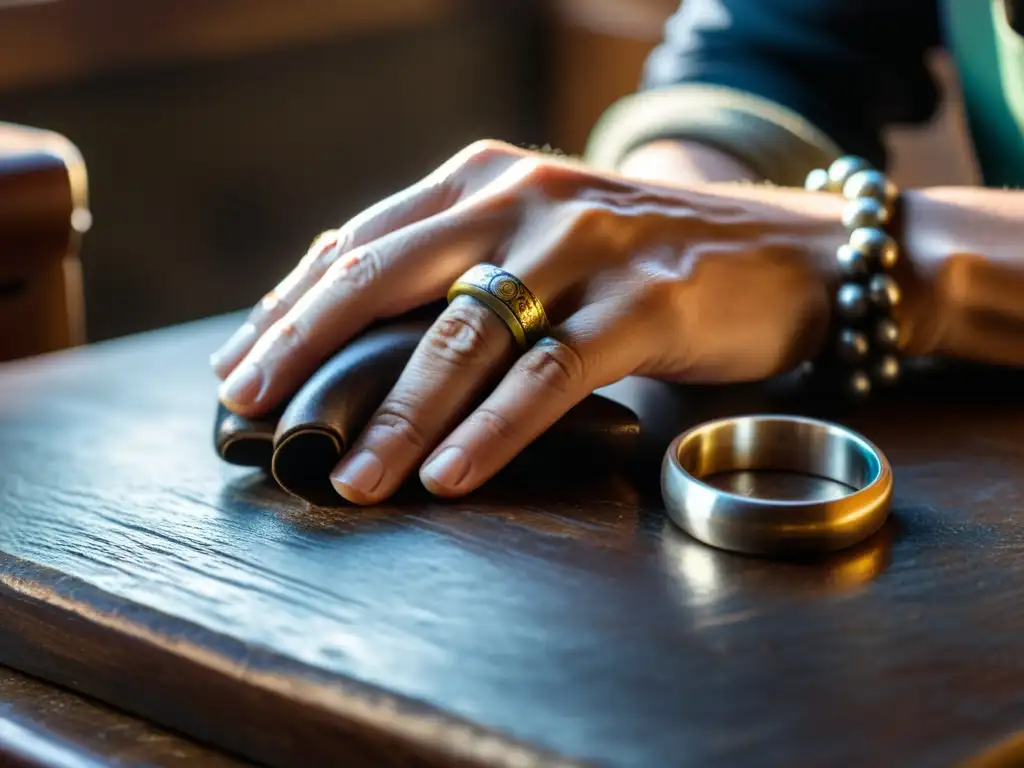 Artesano forjando anillo de plata con elegancia y tradición Un artesano trabaja con plata y herramientas antiguas en un taller iluminado por la suave luz natural