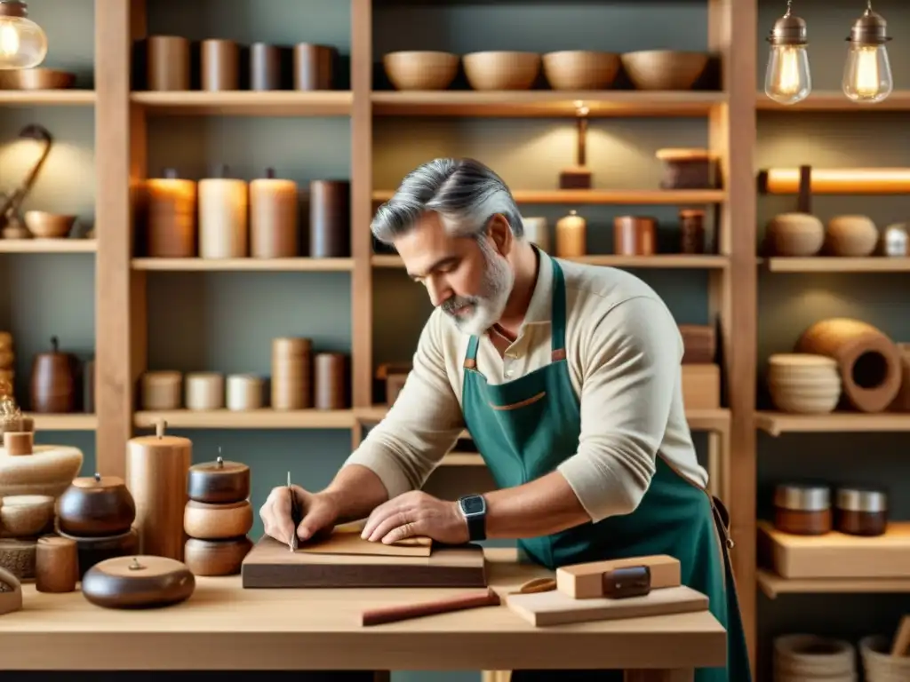 Artesano digital ajustando etiquetas de precios con destreza Un artesano ajusta los precios de sus productos digitales hechos a mano en un ambiente cálido y tradicional