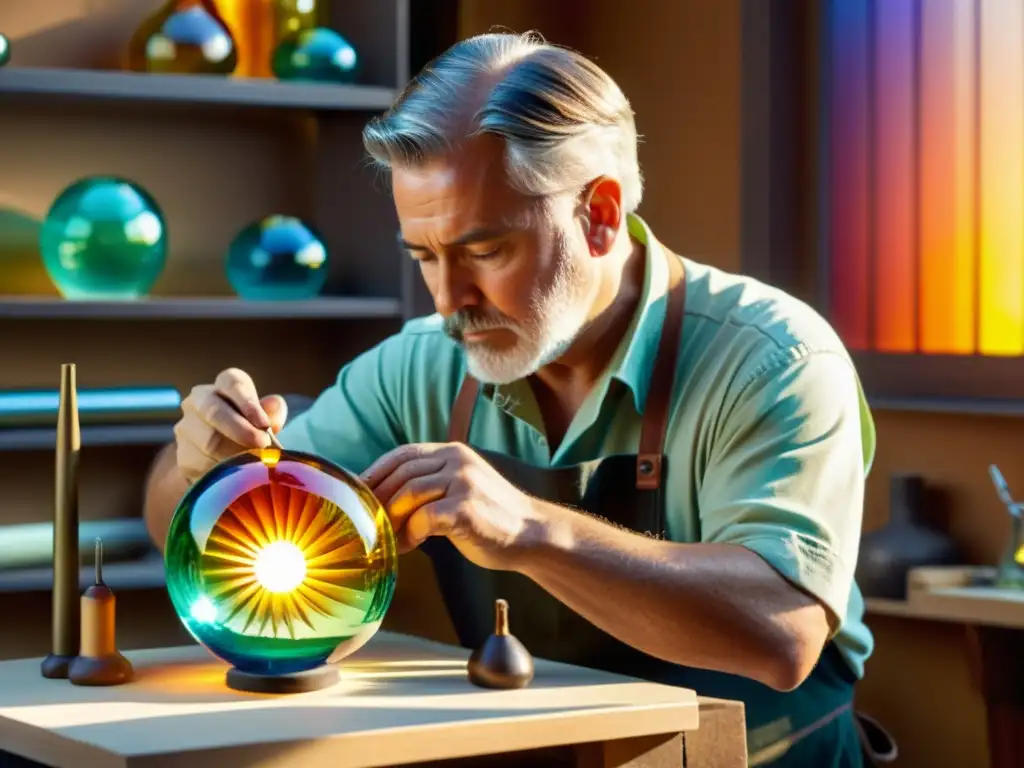 Un artesano moldea con precisión una delicada pieza de cristal en su estudio soleado, rodeado de herramientas y barras de colores