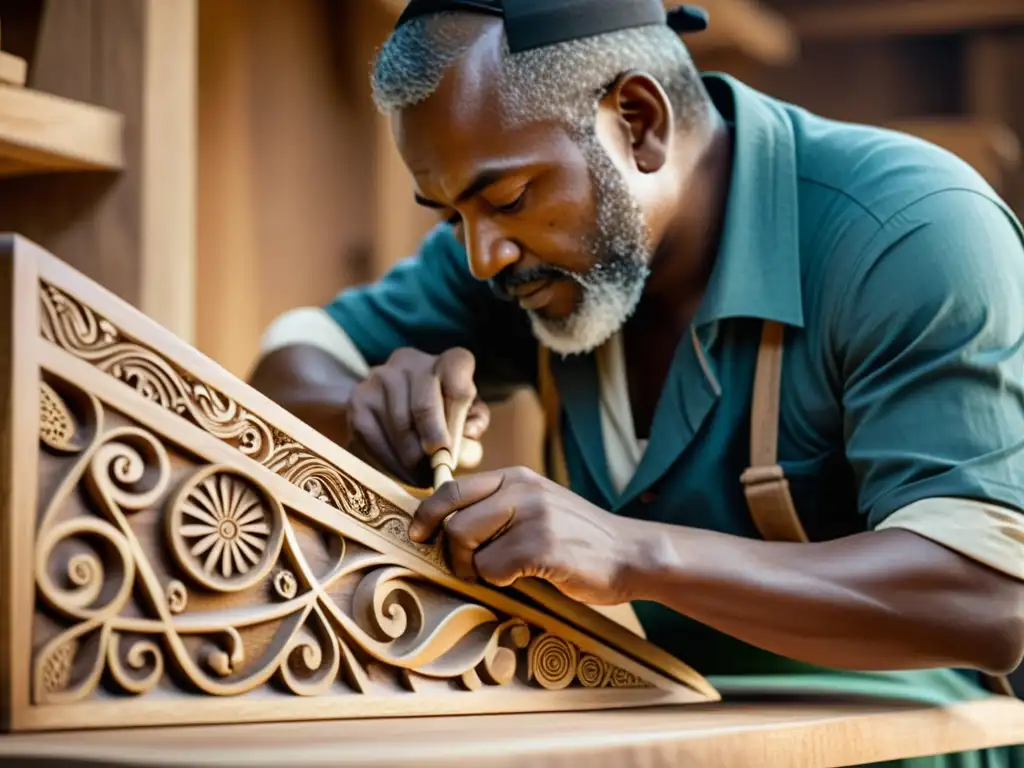 Artesano tallando con precisión una escultura de madera, destacando la producción artesanía personalizada con IA