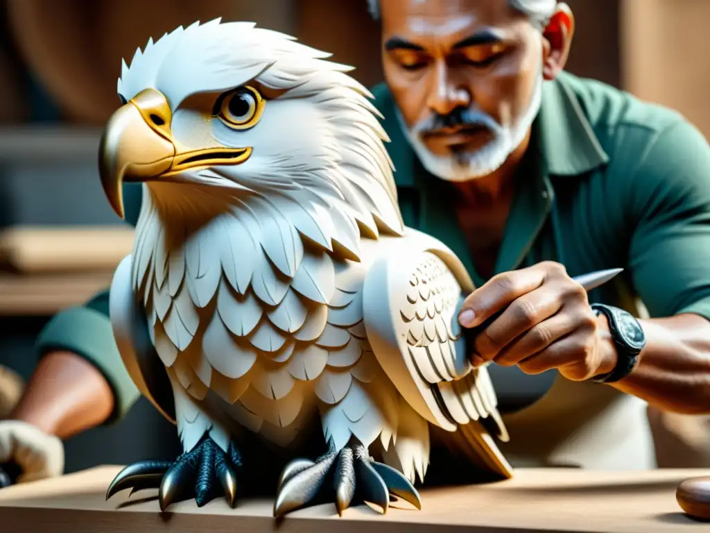 Un artesano modela con precisión una escultura de un águila majestuosa, fusionando la artesanía tradicional con el modelado 3D