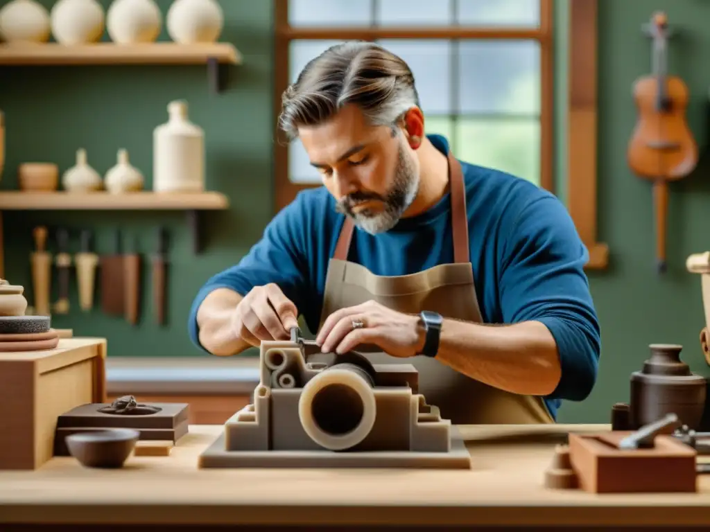 Un artesano crea con precisión una escultura 3D en un taller cálido y acogedor