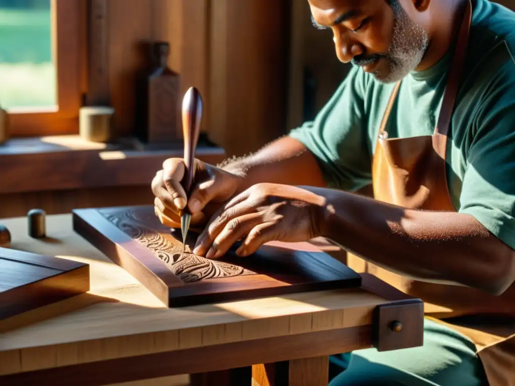 Un artesano tallando con precisión en madera, destacando la artesanía tradicional en el mercado digital