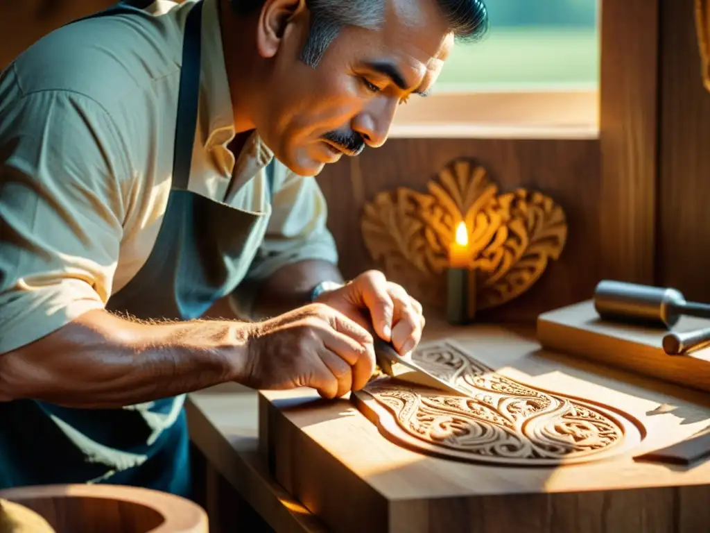 Artesano tallando madera con precisión Un artesano tallando con precisión en madera, iluminado por luz natural