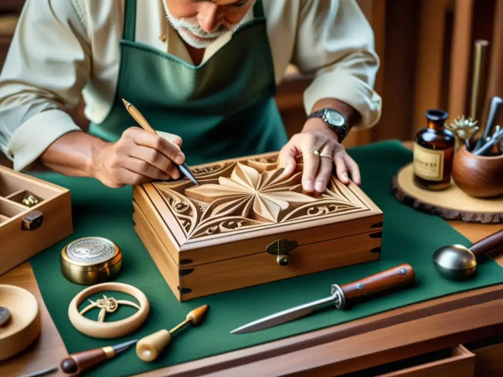 Un artesano tallando con precisión en madera, rodeado de herramientas y materiales artesanales