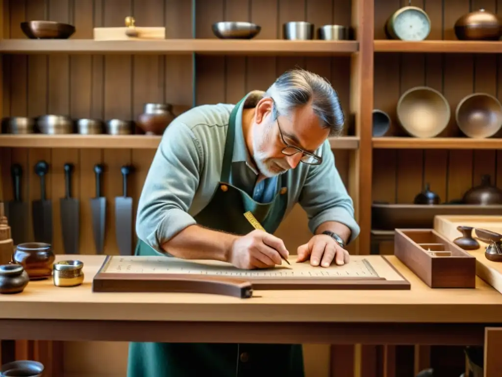 Un artesano mide con precisión una pieza artesanal en un taller cálido y nostálgico, utilizando herramientas tradicionales