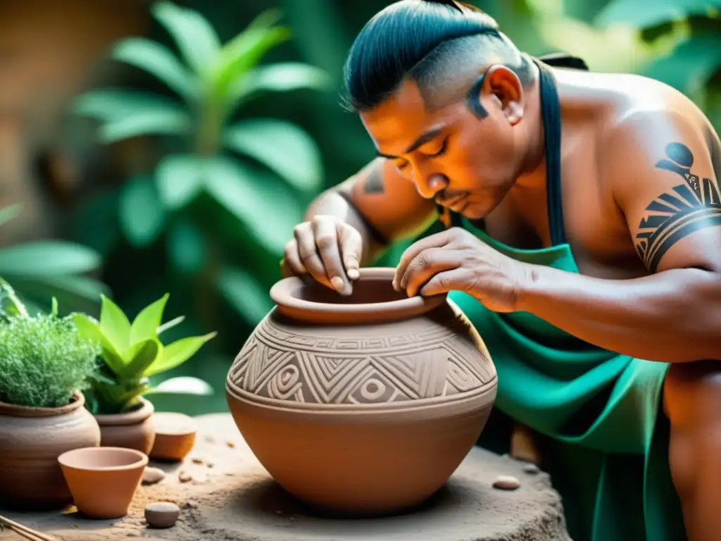 Un artesano prehispánico moldea con cuidado una olla de barro rodeado de vegetación y ruinas antiguas, capturando la esencia de la sostenibilidad y la tradición en el arte prehispánico