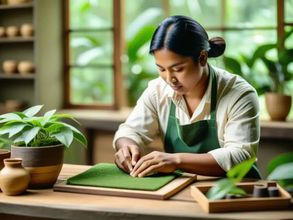 Artesano crea producto digital sostenible rodeado de naturaleza, reflejando certificación ecológica y artesanía digital