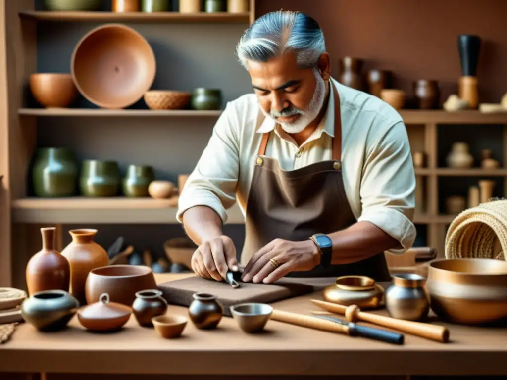 Artesano creando un producto a mano con herramientas tradicionales, en tonos cálidos