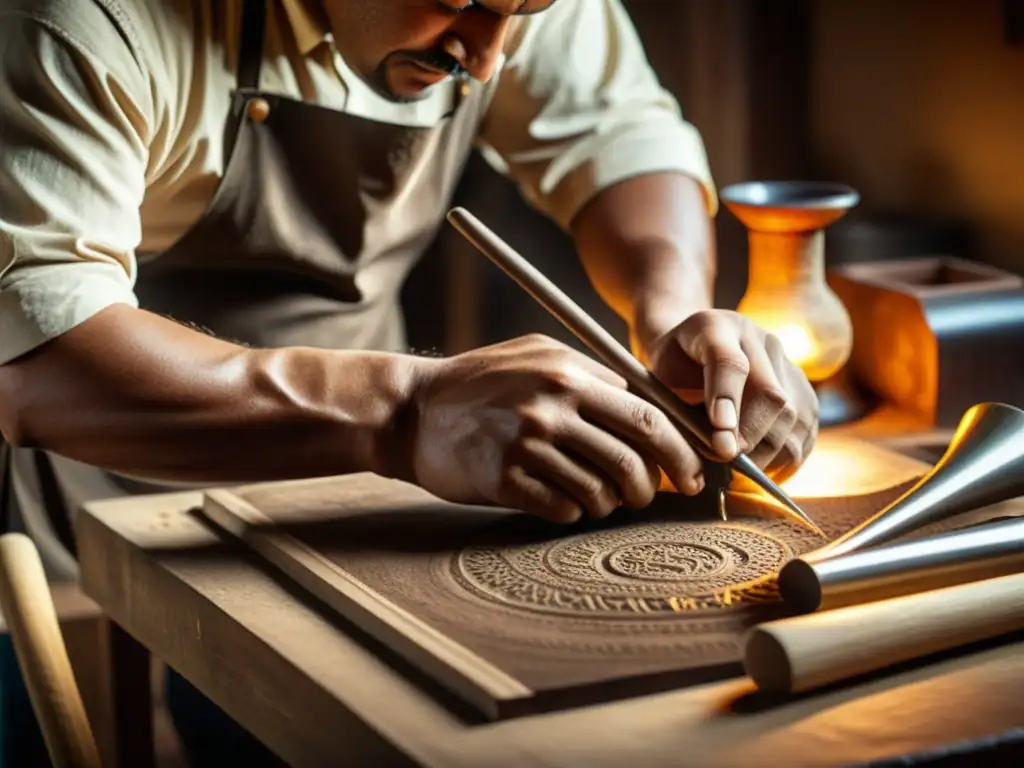 Un artesano crea un producto a mano en un taller con iluminación suave y cálida, mostrando la artesanía y dedicación