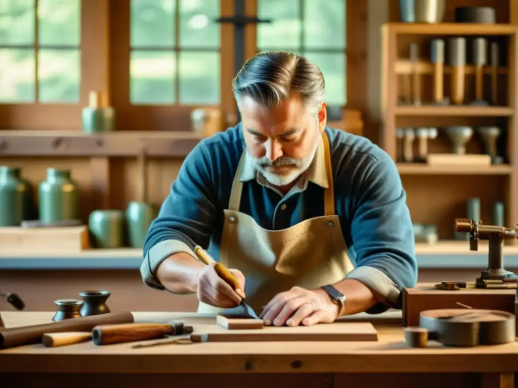 Un artesano crea un producto a mano en un taller rústico, rodeado de herramientas