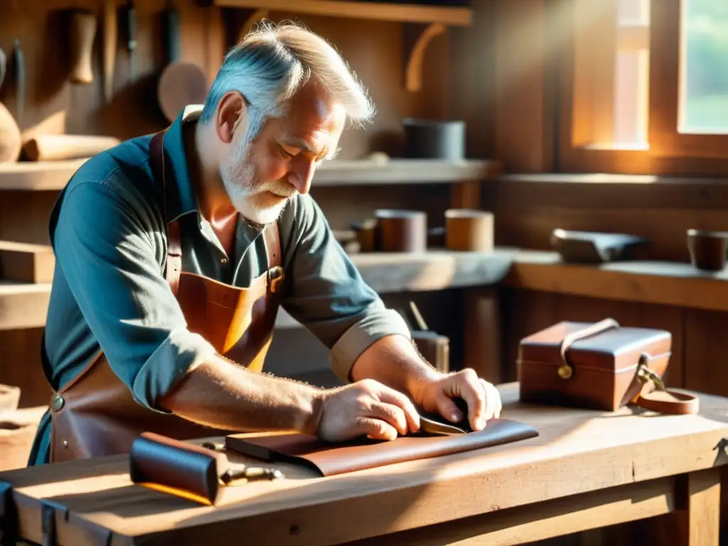 Artesano diseñando productos artesanales en banco de madera, con luz solar y herramientas de cuero