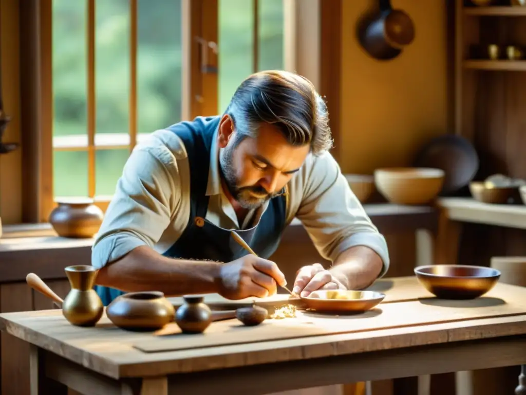 Un artesano organiza productos artesanales en una mesa de madera con luz natural, destacando las técnicas de venta artesanal online