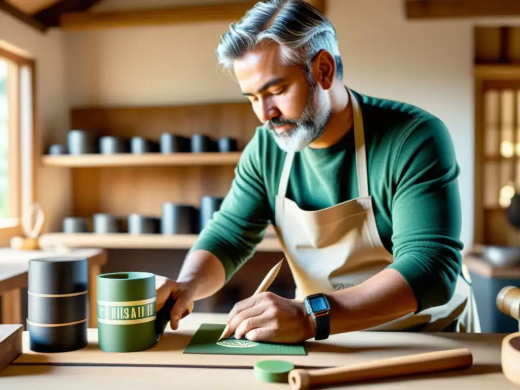 Artesano digital: fusión innovadora y sostenible Un artesano hábil crea productos digitales en un taller rústico iluminado por el sol, rodeado de certificaciones eco