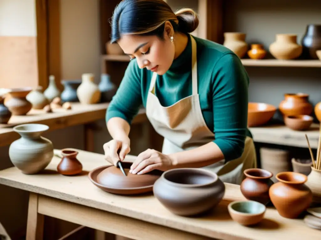 Un artesano crea productos a mano en su acogedor estudio, rodeado de herramientas y materiales tradicionales