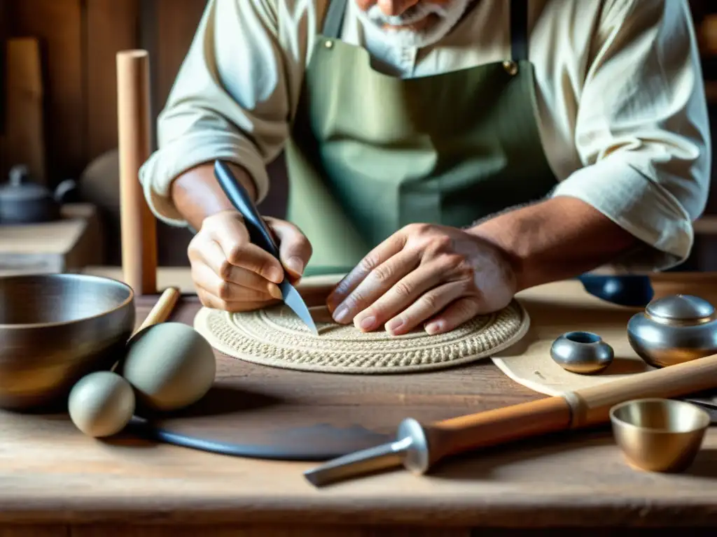 Un artesano hábil crea productos a mano con detalle, rodeado de herramientas tradicionales y materiales