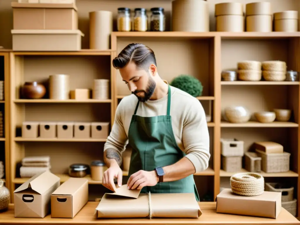 Artesano embalando productos con packaging eco-friendly Artesano empaquetando productos a mano con materiales ecológicos en una cálida atmósfera de responsabilidad ecológica en comercio electrónico