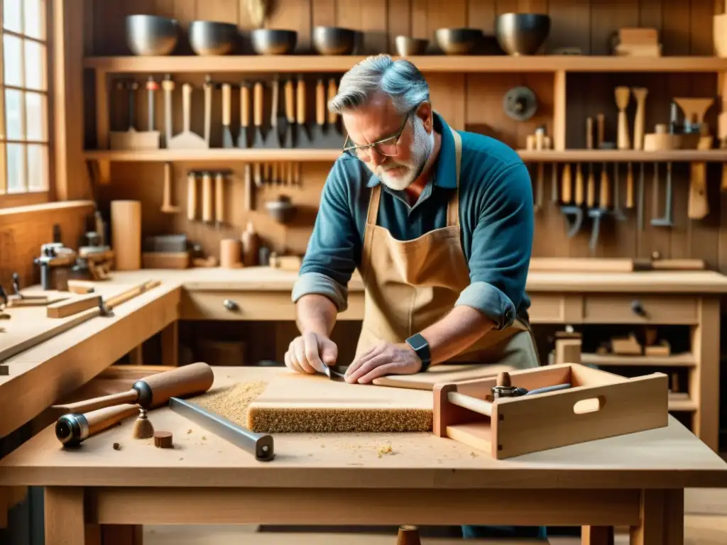 Un artesano trabaja en un prototipo de mueble en un taller de carpintería vintage, con herramientas tradicionales y ambiente cálido