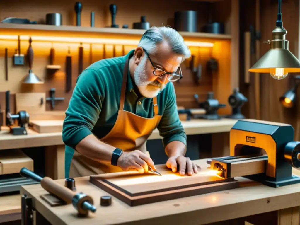 Un artesano trabaja en proyectos de carpintería con electrónica en un taller vintage, fusionando técnica tradicional y tecnología moderna