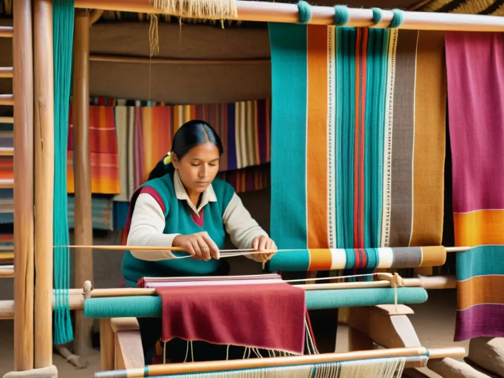 Un artesano Quechua teje en un telar tradicional rodeado de hilos vibrantes evolución digital textilería artesanal quechua