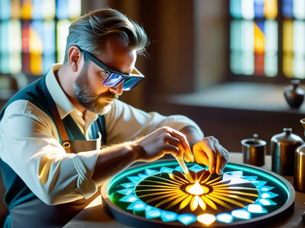 Un artesano utiliza realidad aumentada para artesanía en vidrio en un taller tradicional, creando diseños intrincados con molten glass