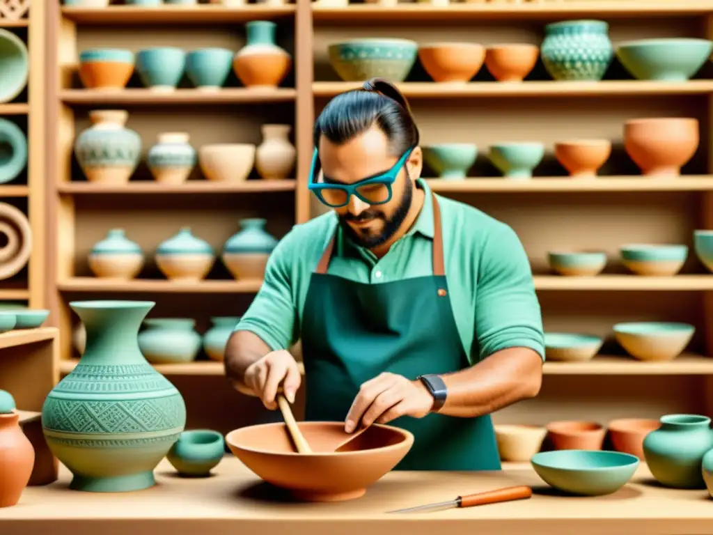 Artesano usando realidad aumentada para artesanía tradicional en taller vintage iluminado con luz natural y materiales coloridos