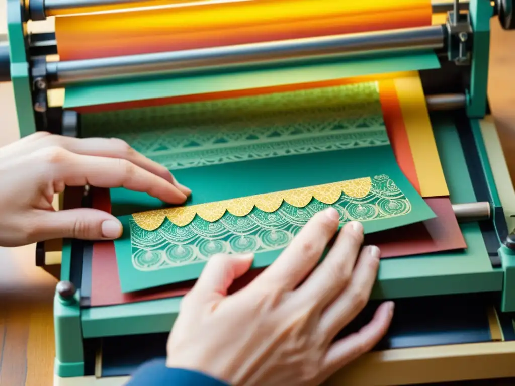 Artesanía ecoamigable: manos creando con papel reciclado Un artesano cuidadosamente coloca recortes de papel reciclado en una prensa vintage