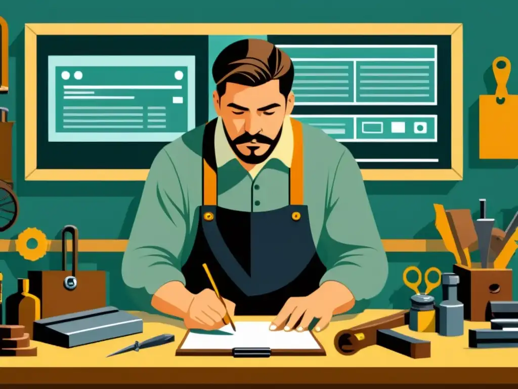Un artesano reflexivo trabaja con herramientas en su banco mientras observa una tienda en línea segura en su computadora