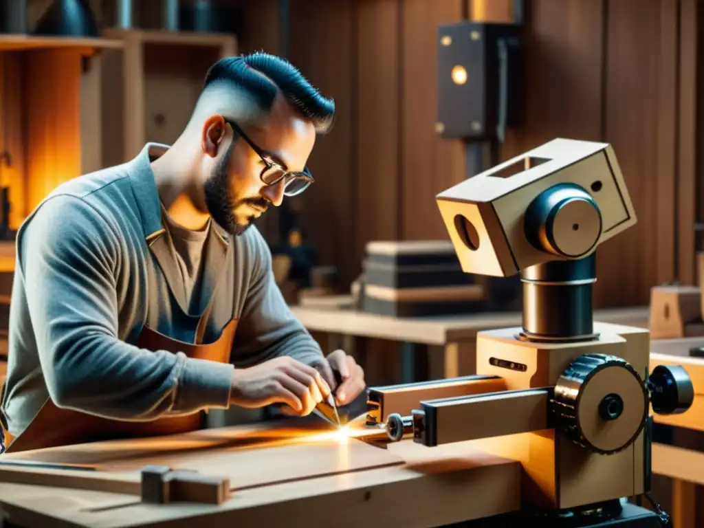 Un artesano colabora con un robot en un taller tradicional, fusionando técnicas antiguas y modernas