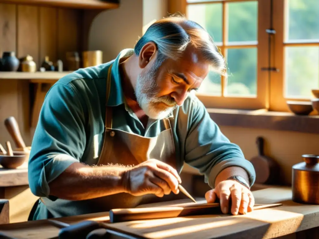 Un artesano crea con determinación, rodeado de herramientas y luz cálida