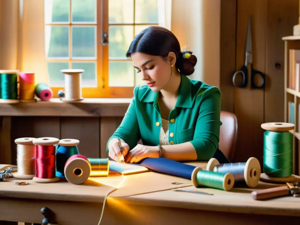 Un artesano transformando ropa vieja con técnicas digitales en un taller nostálgico y cálido