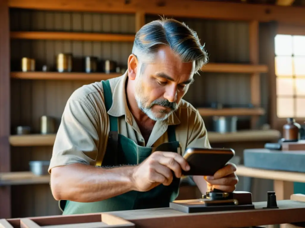 Un artesano fotografiando con smartphone en un taller vintage, reflejando la esencia de la fotografía artesanal