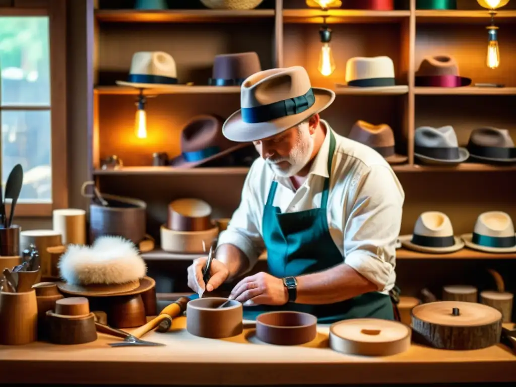 Artesano en una sombrerería tradicional adaptada a redes, creando un elegante fedora con herramientas vintage y materiales coloridos