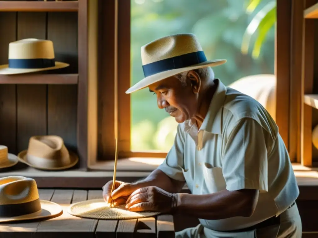 Artesano teje sombrero Panama tradicional a mano, en un taller lleno de historia y artesanía tradicional diseño asistido