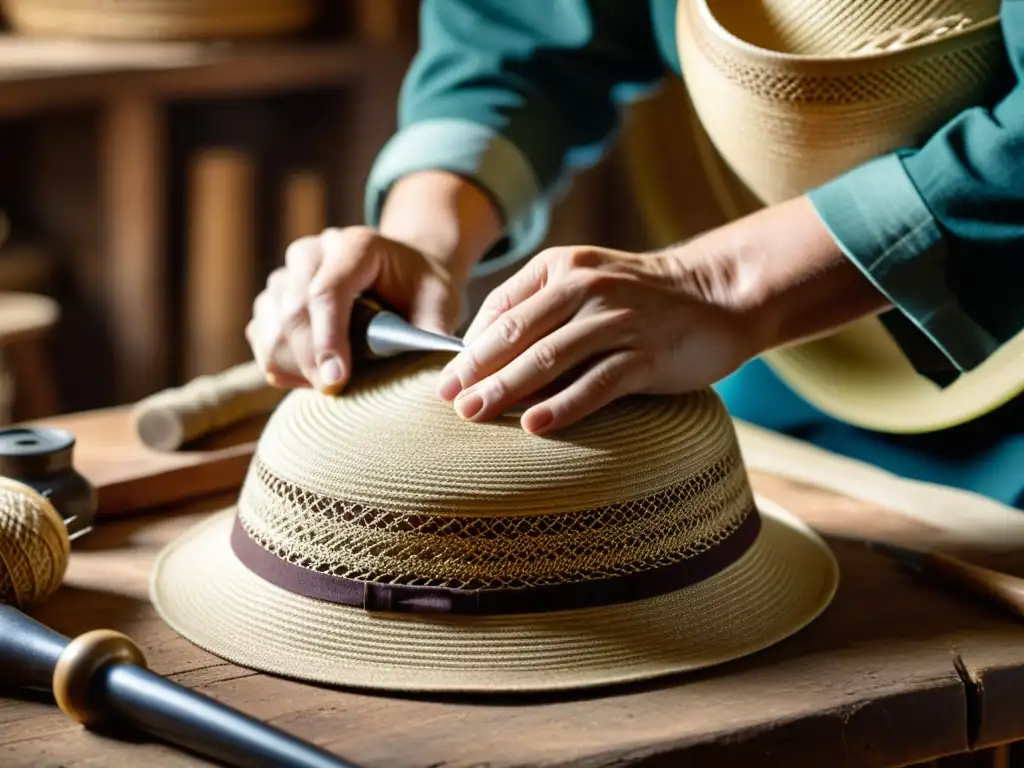 Un artesano hábil teje meticulosamente un sombrero tradicional en un taller vintage, evocando la historia y la artesanía tradicional diseño asistido